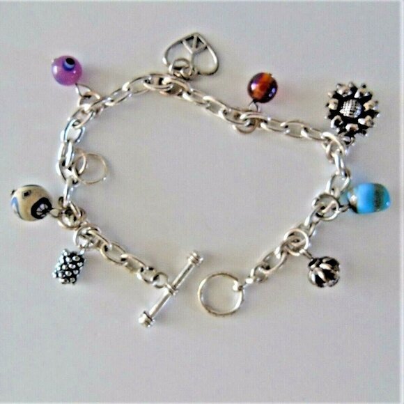 Bangle Bracelet 8 Charms Chain Link Toggle Clasp Silver Tone New In Gift Box - Picture 1 of 3